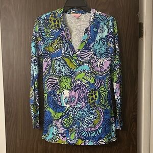 Lilly Pulitzer Blue and Green cat shirt tunic small